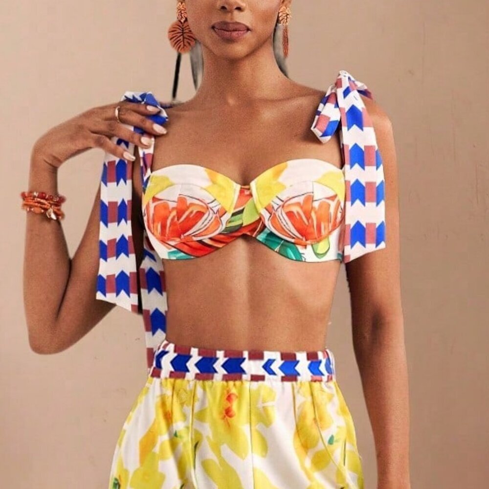 Boho Women's Beach Holiday Bowknot Shoulder Straps crop top and pants set - Picture 5 of 6